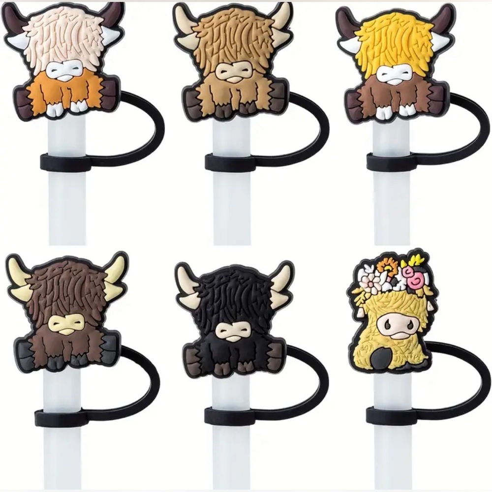 NIB 6pc Highland Cow Straw Topper Set